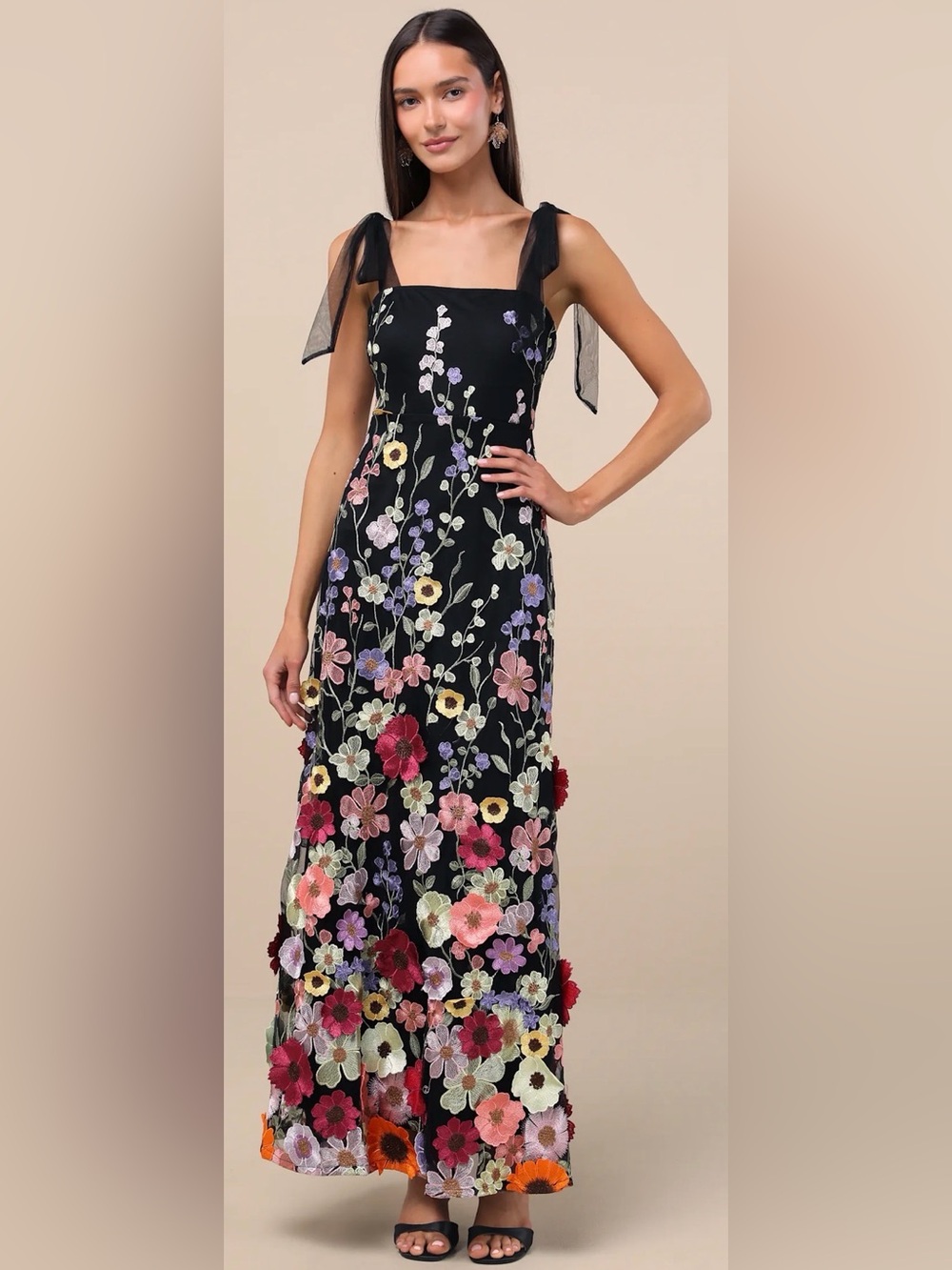 Lulu’s Thriving Poise Black 3D Floral Embroidered Tie-Strap Black Maxi Dress XL